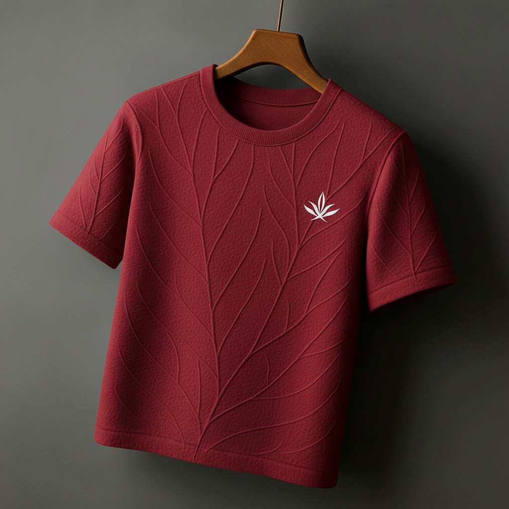 Elegant Monochromatic Leaf T-Shirt - Maroon