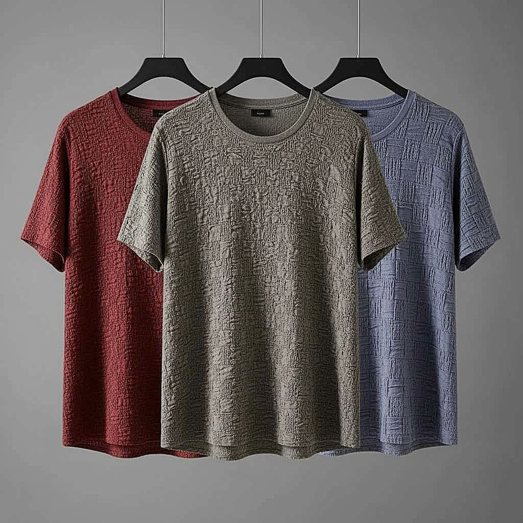 Patterned T-Shirt Combo Set in Red, Gray, and Blue