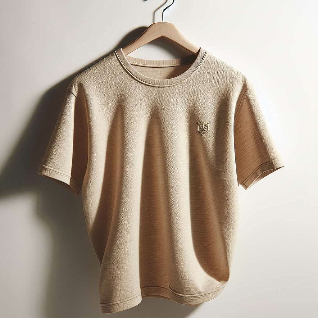 Minimalist Beige T-Shirt with Subtle Texture and Embroidered Emblem