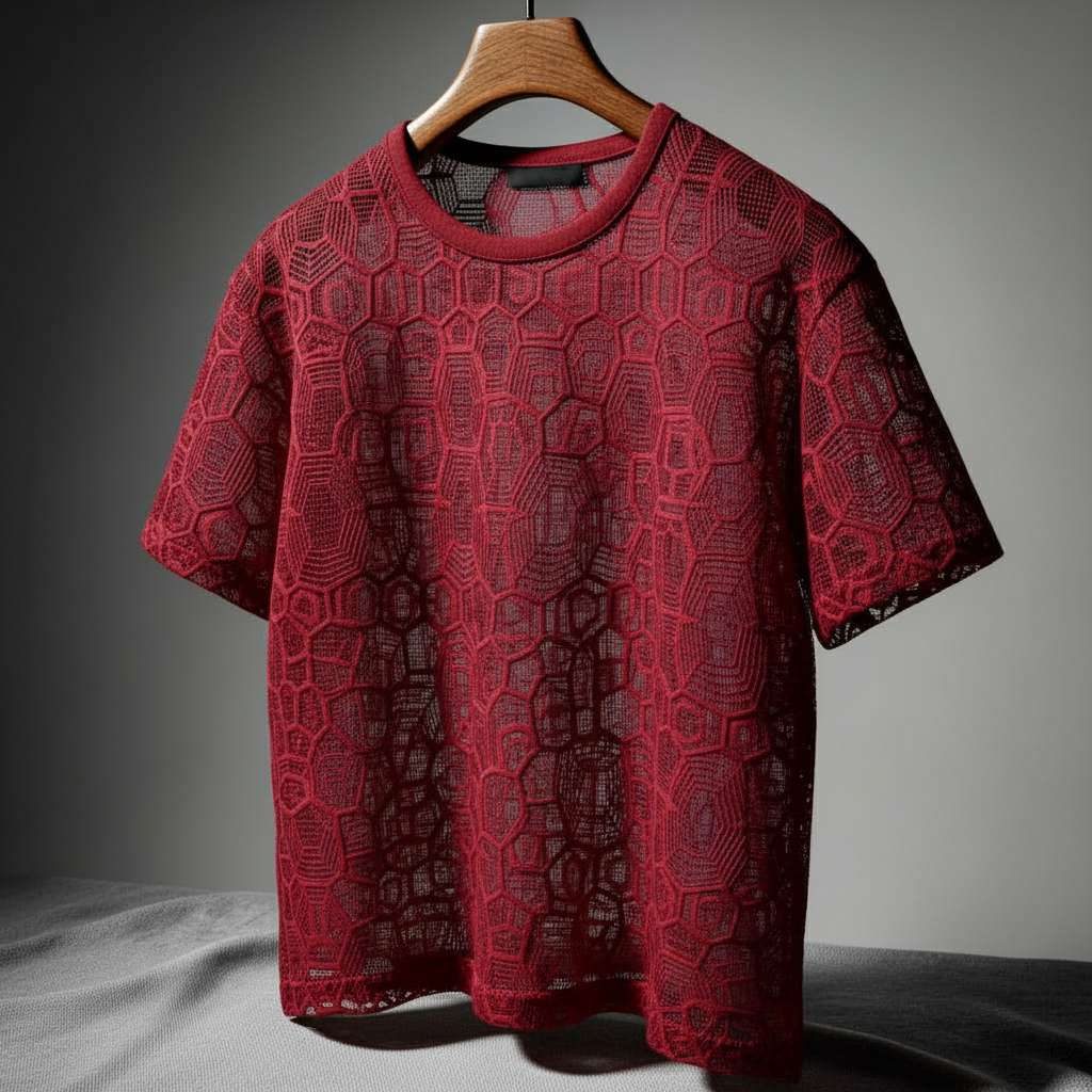 Elegant Geometric Lace T-Shirt - Maroon