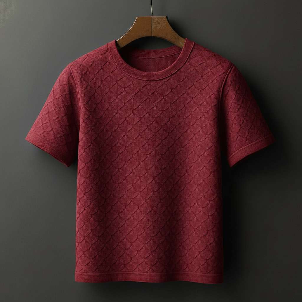 Elegant Embossed White T-Shirt - Maroon