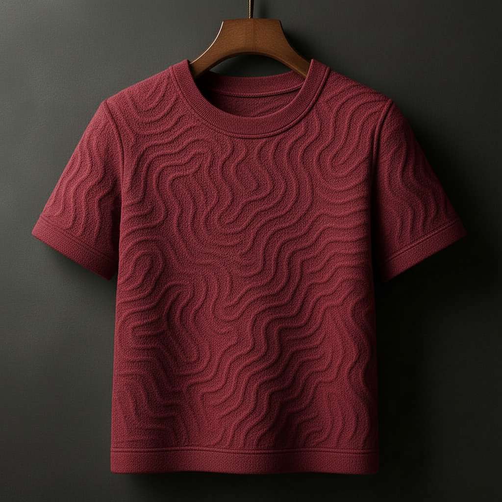 Monochromatic White Textured T-Shirt - Maroon