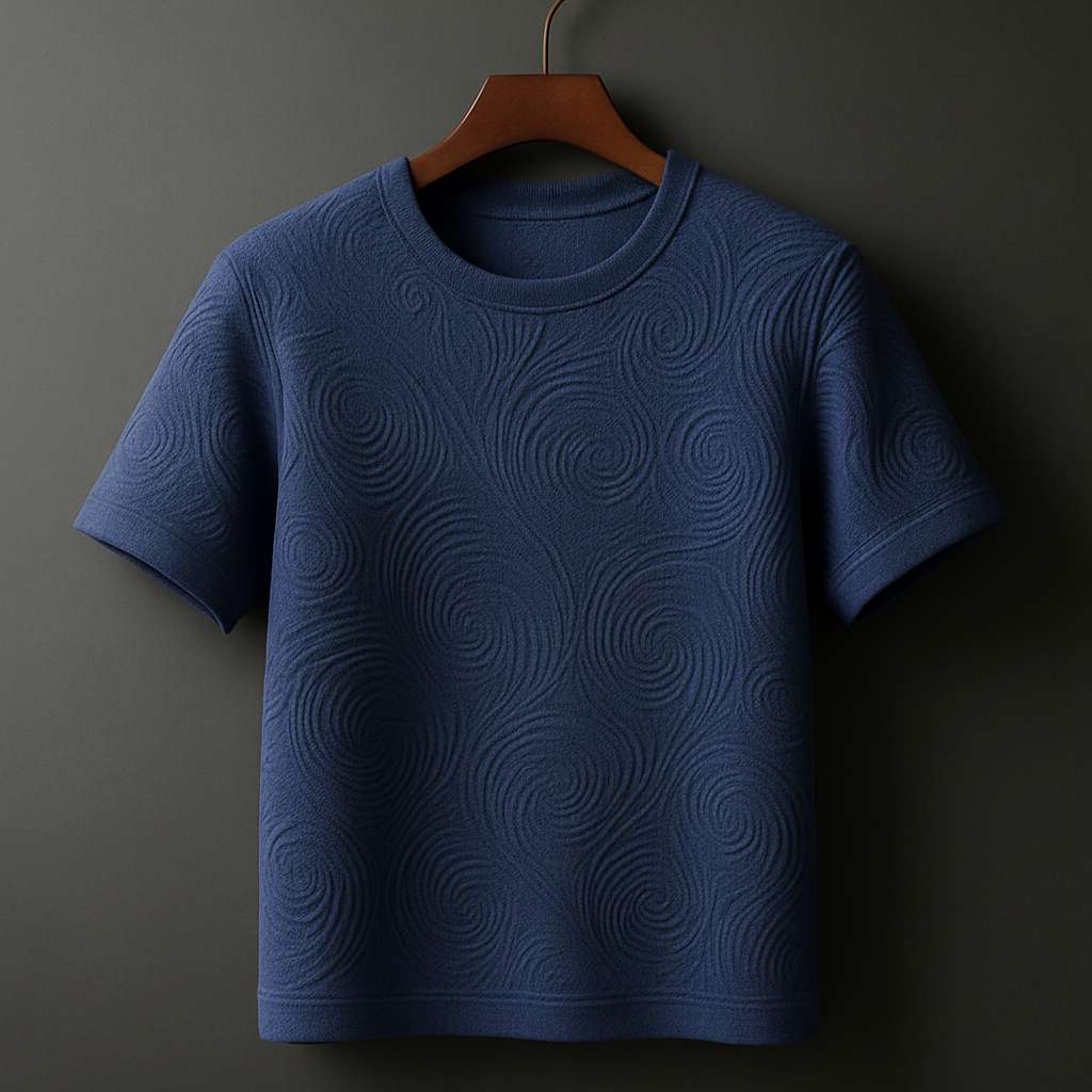 Embossed Swirl White T-Shirt - Navy