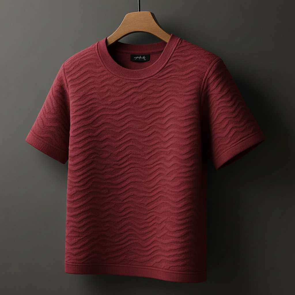 Embossed Wave White T-Shirt - Maroon