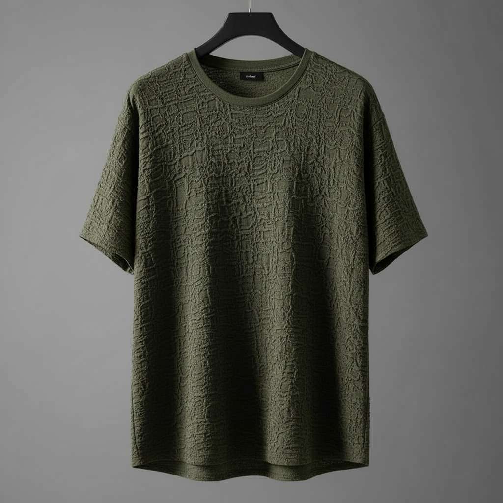 Embossed Olive Green Crew Neck T-Shirt