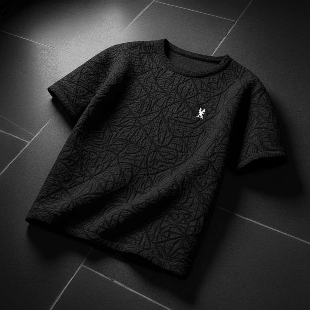 Embossed Texture T-Shirt with Minimalist Graphic - Black
