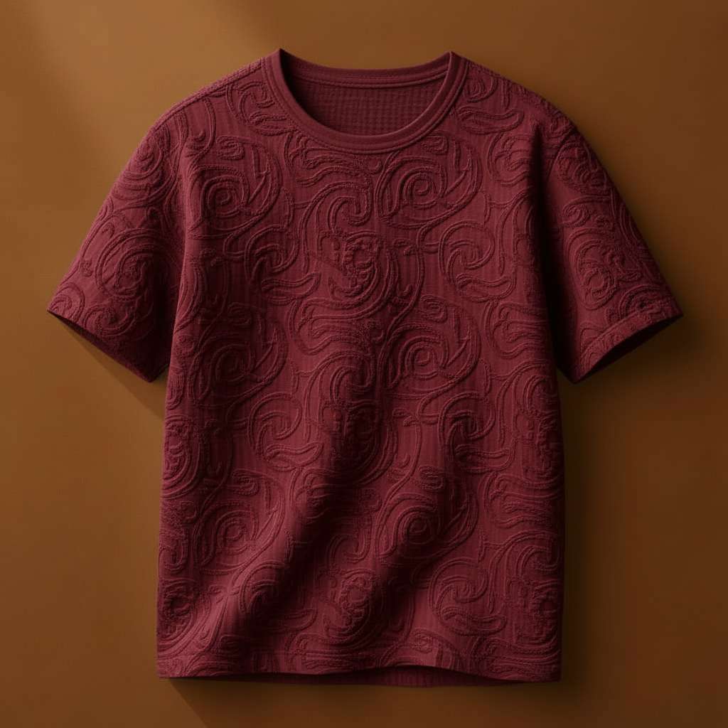 Embossed White T-Shirt with Abstract Patterns - Maroon