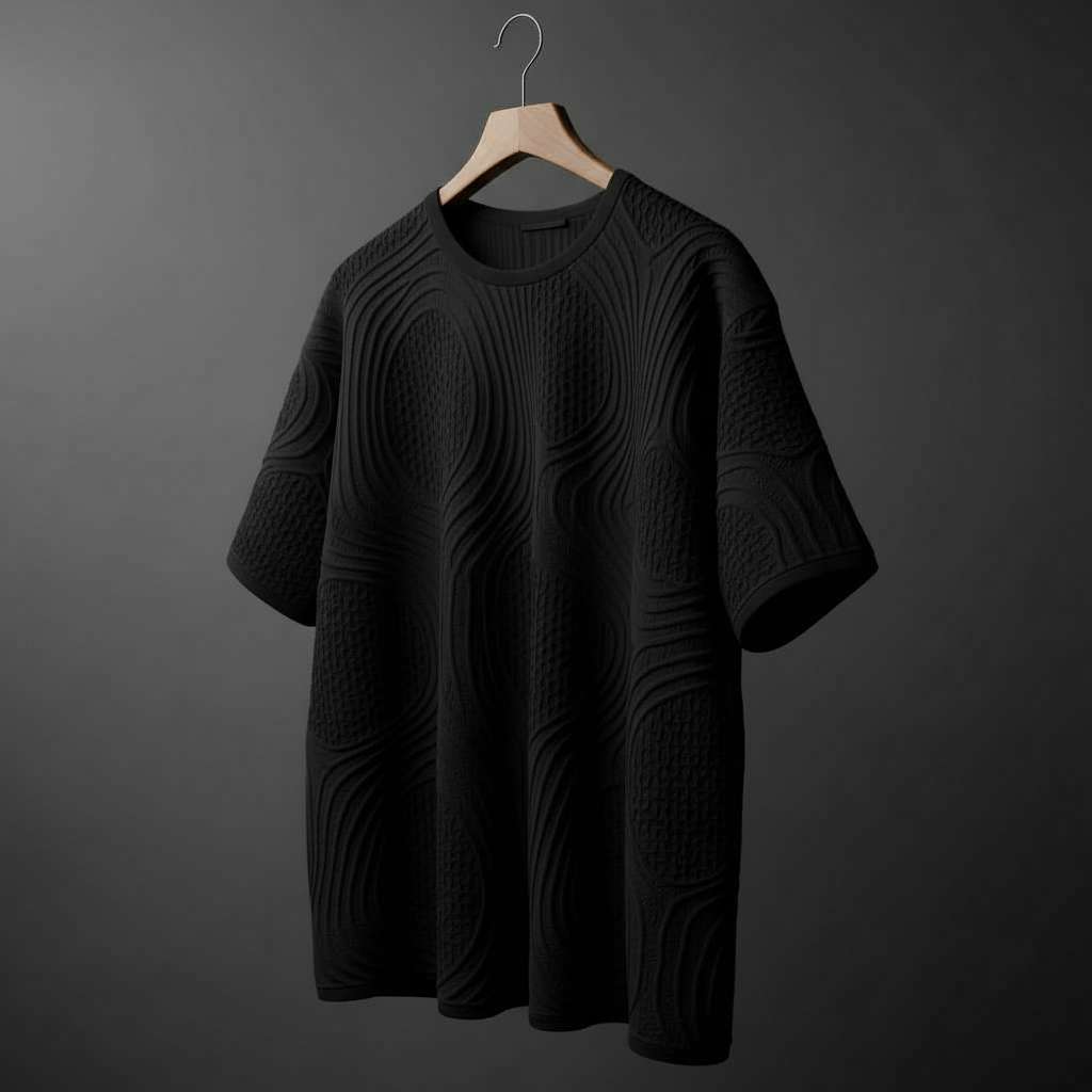 Textured Monochrome T-Shirt with Geometric Design - Black
