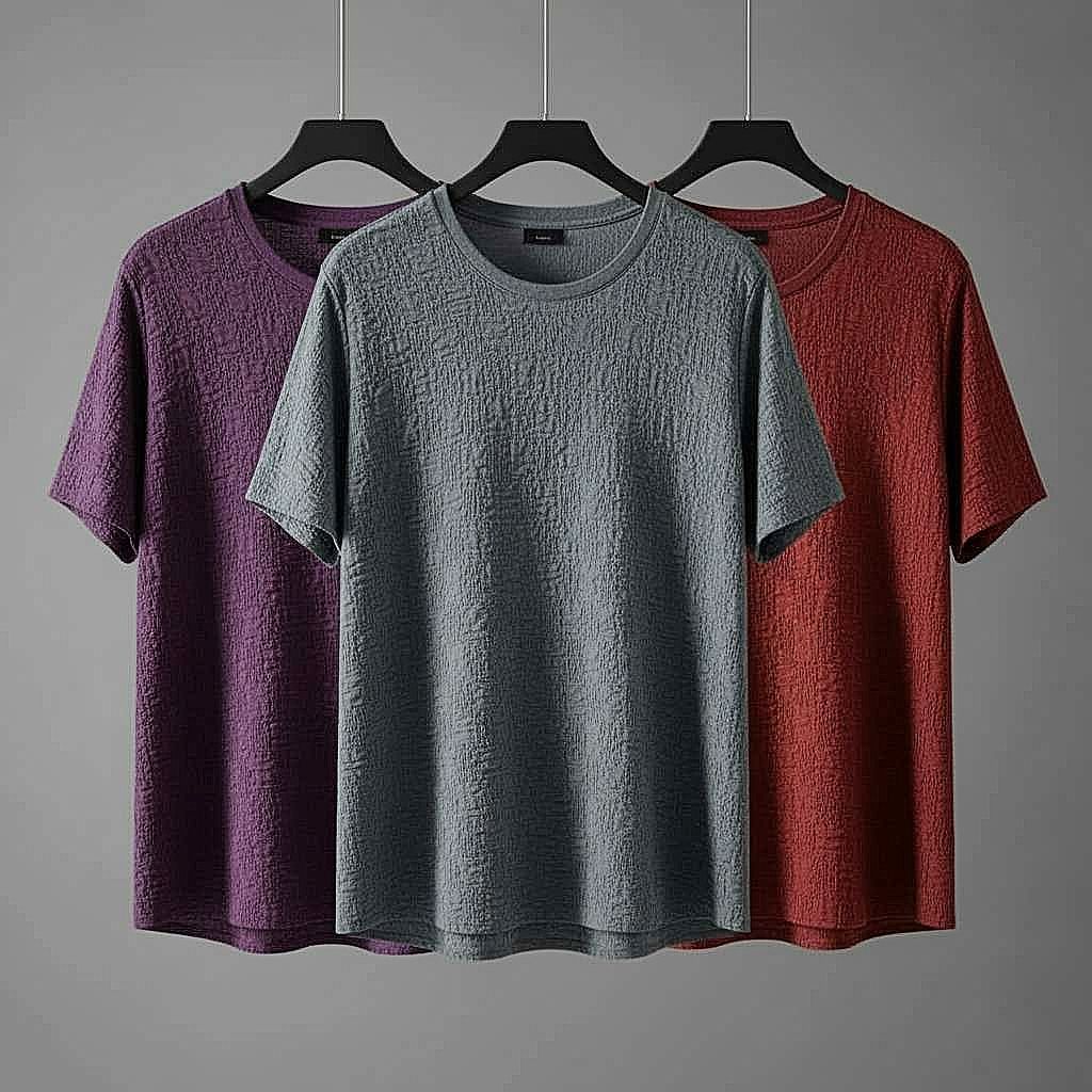 Textured T-Shirt Combo Set - Purple, Gray, Red