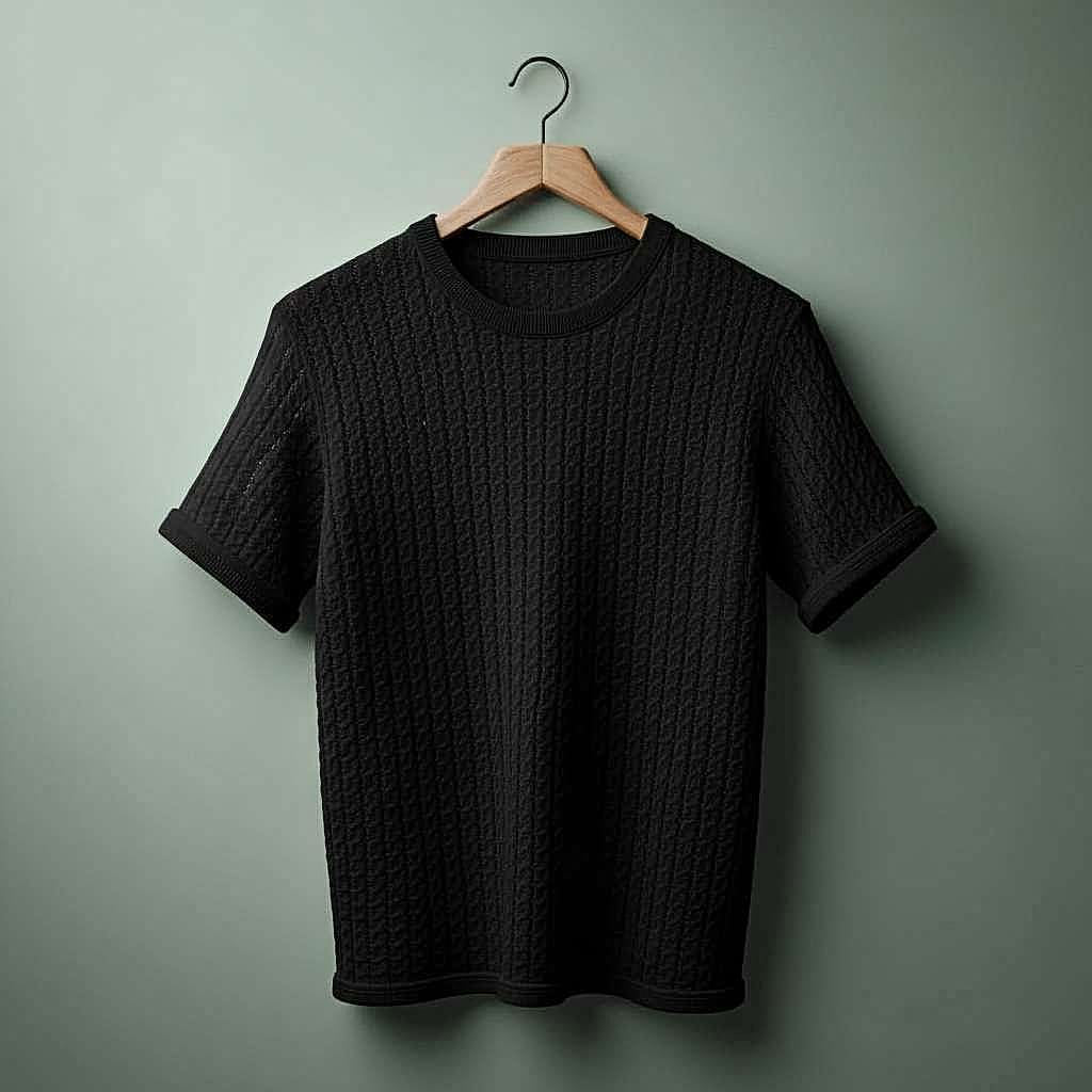 Textured White T-Shirt with Minimalist Design - Black