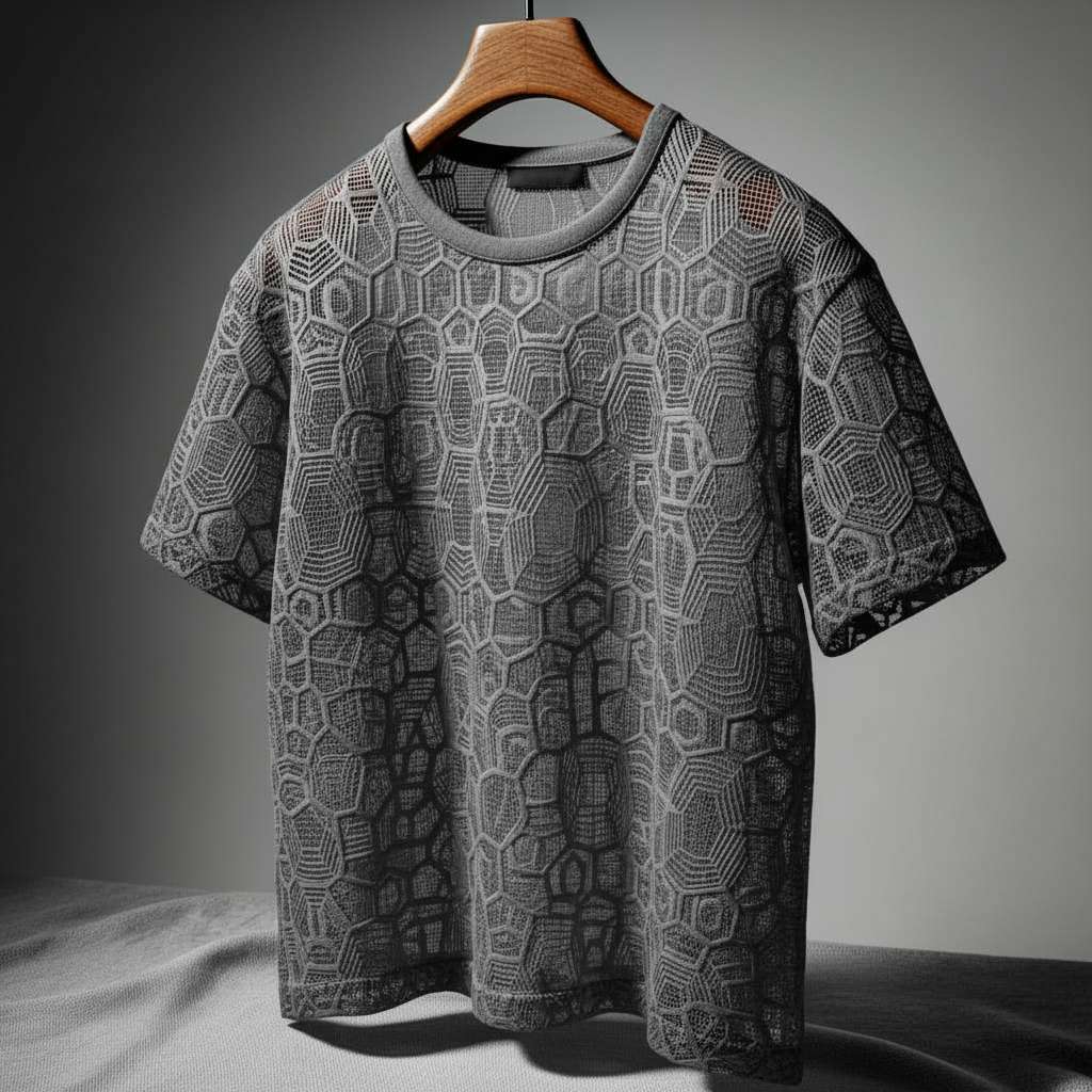Elegant Geometric Lace T-Shirt - Grey