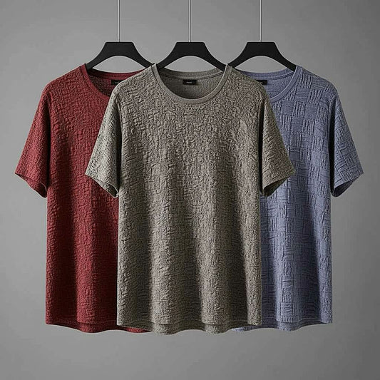 Patterned T-Shirt Combo Set in Red, Gray, and Blue