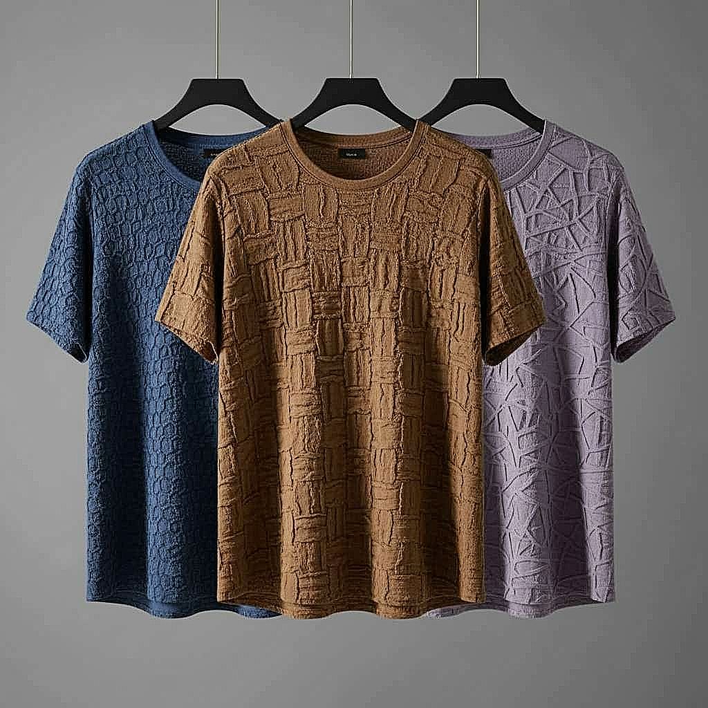 Geometric Textured T-Shirt Set in Blue, Brown, and Lavender