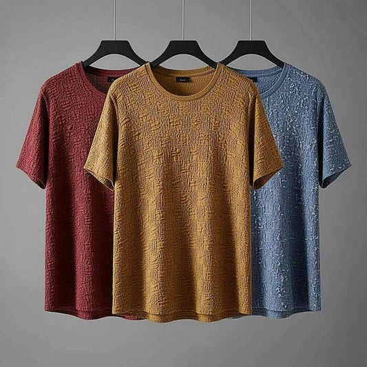 Textured T-Shirt Combo Set in Burgundy, Mustard, and Blue