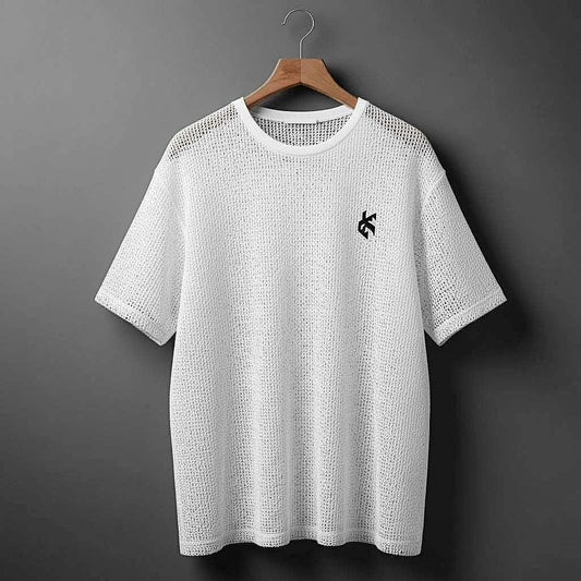 Modern Mesh T-Shirt with Black Logo - White