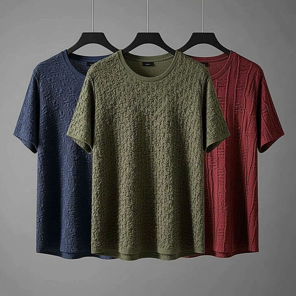 Textured T-Shirt Trio: Blue, Green, and Red