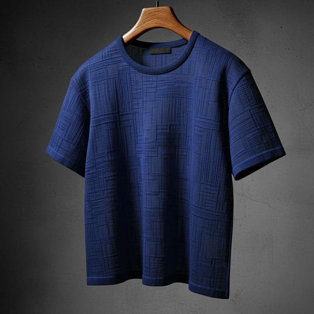 Monochromatic Textured Grid T-Shirt - Navy