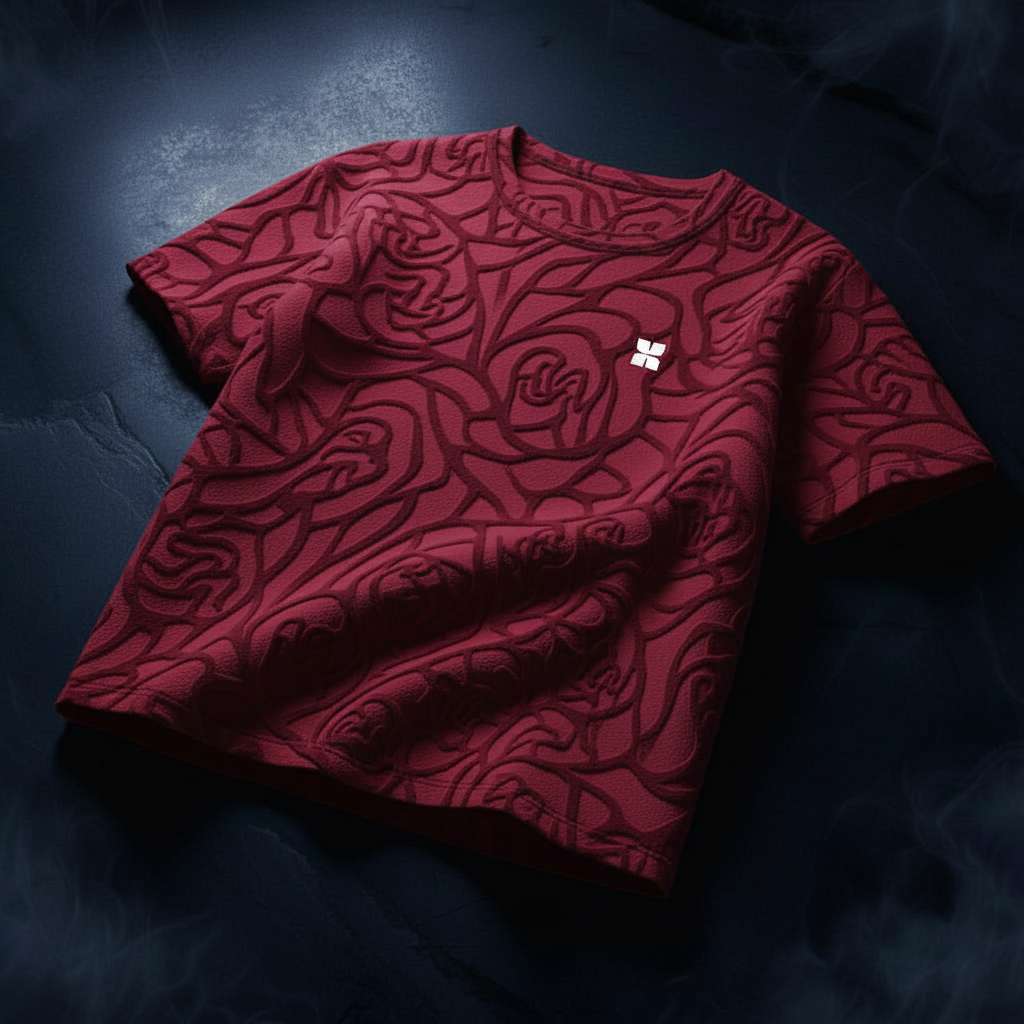 Embossed Rose T-shirt with Minimalistic Branding - Maroon