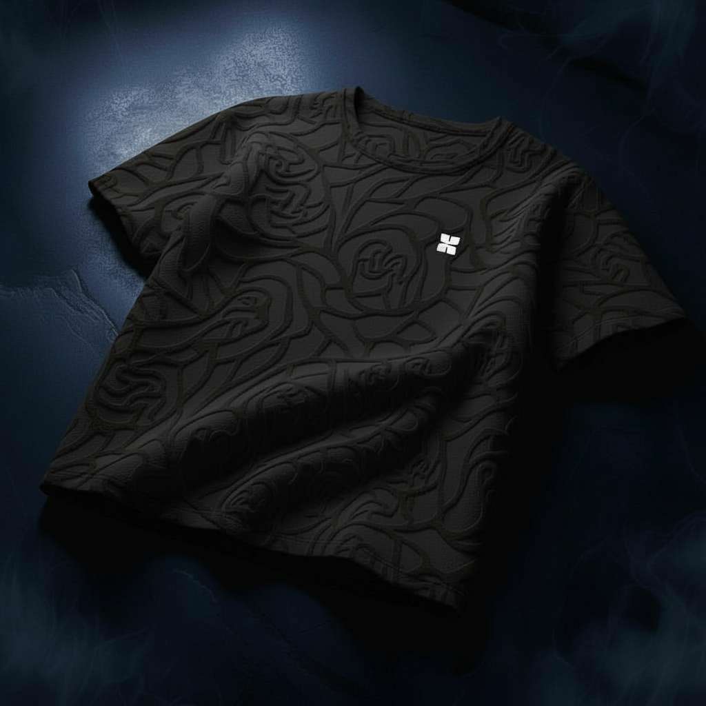 Embossed Rose T-shirt with Minimalistic Branding - Black