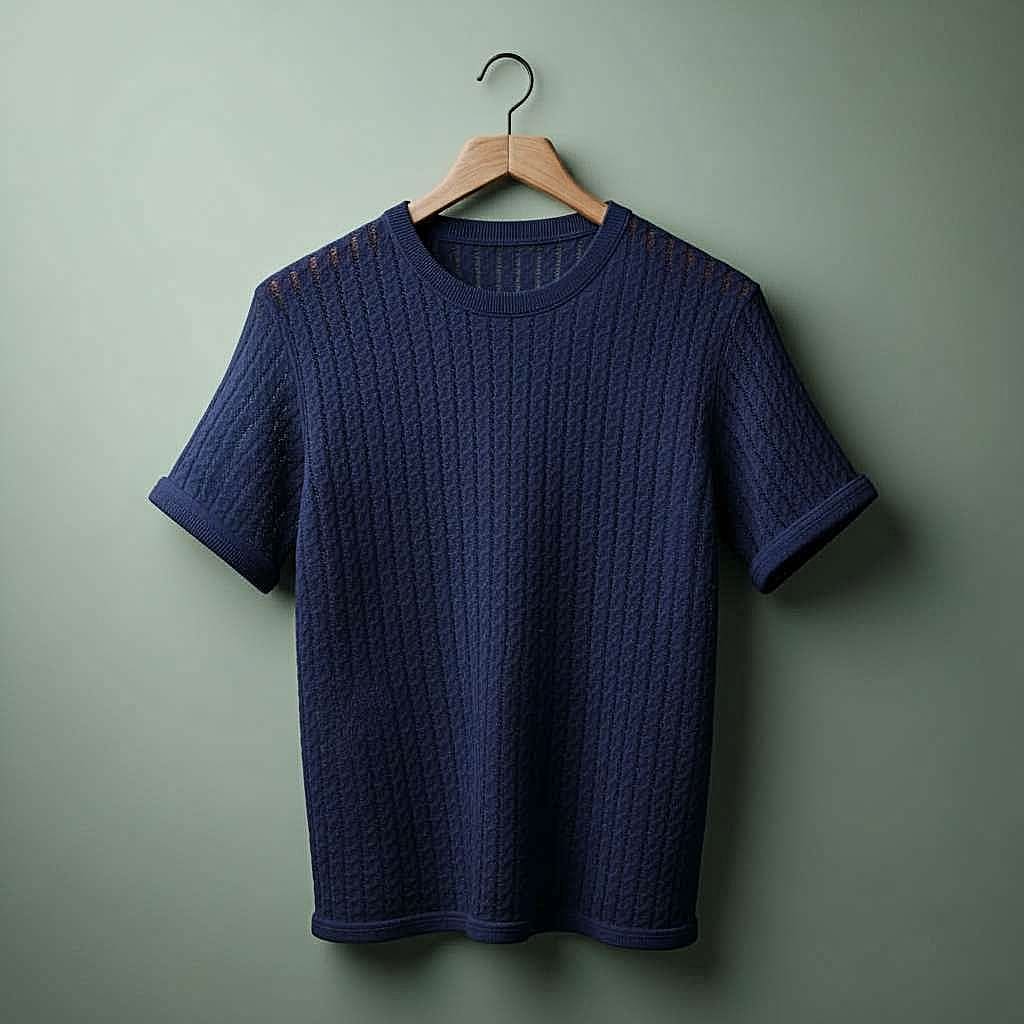 Textured White T-Shirt with Minimalist Design - Navy