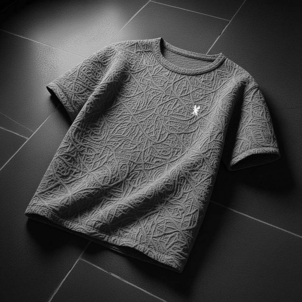 Embossed Texture T-Shirt with Minimalist Graphic - Grey