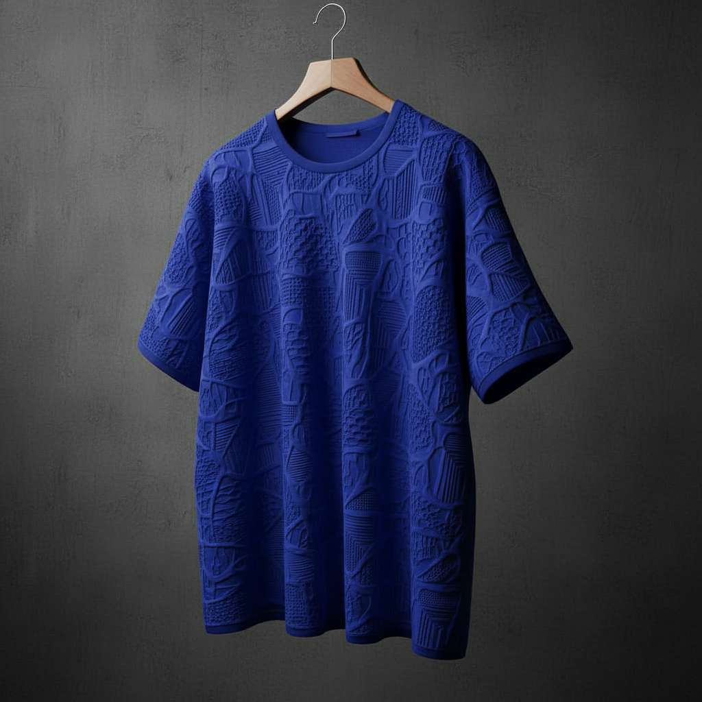 Embossed Textured White T-Shirt - Navy