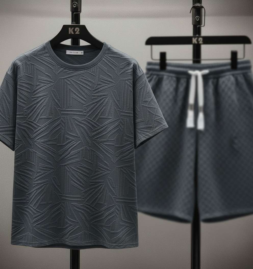 Embossed Geometric White T-Shirt - Grey