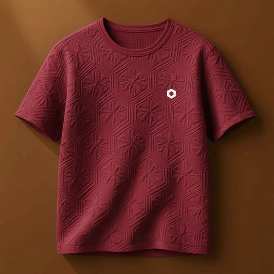 Textured White Hexagon T-Shirt - Maroon