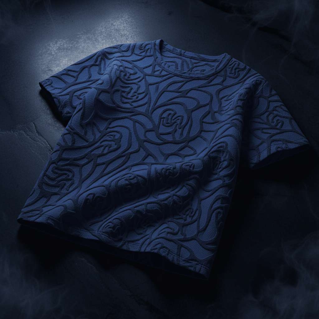 Embossed Rose T-shirt with Minimalistic Branding - Navy