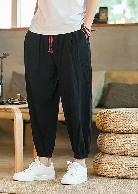 Breathable Cotton Harem Pants for Men with Pink Drawstring