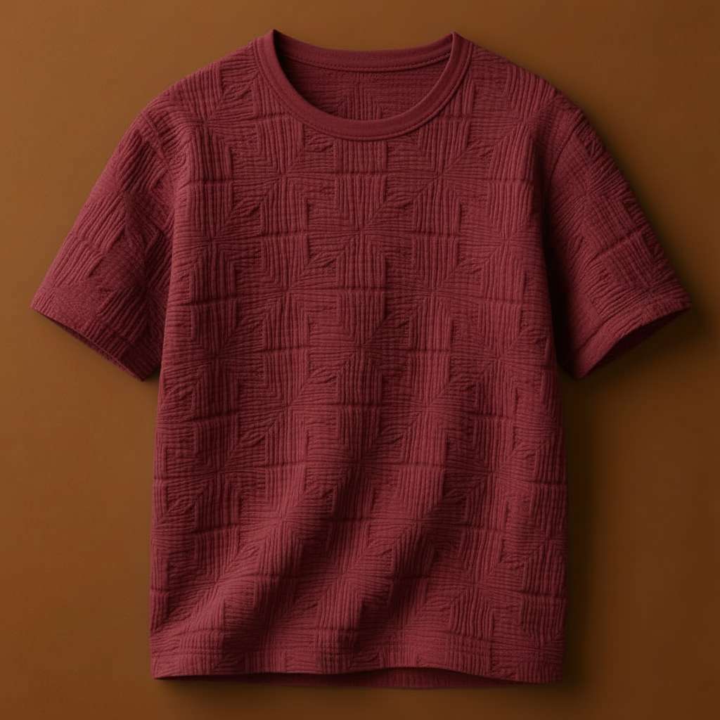Geometric Texture White T-Shirt - Maroon