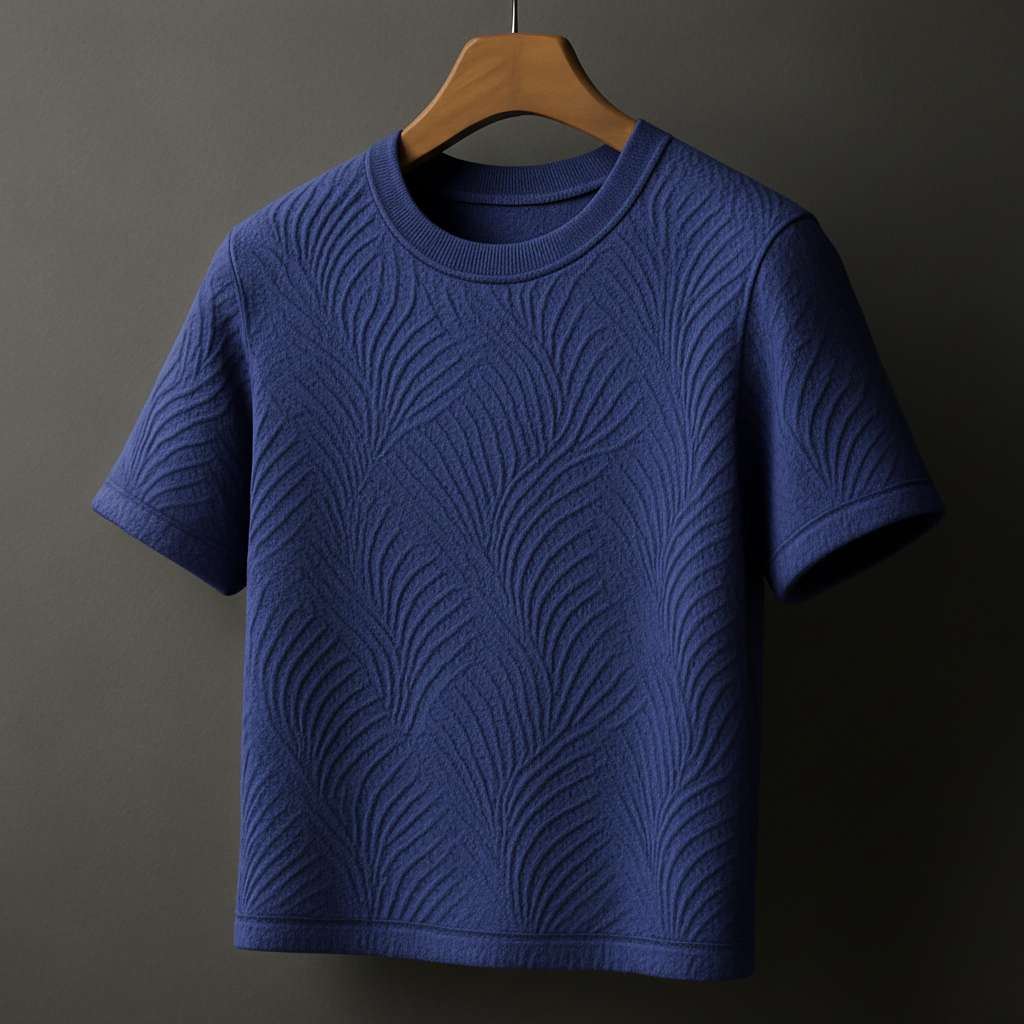 Elegant Embossed T-Shirt with Leaf Texture - Navy