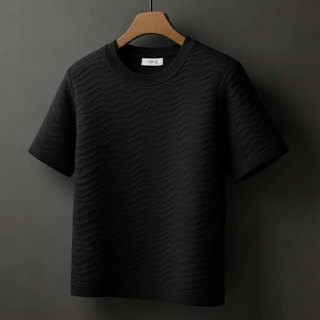 Embossed Wave White T-Shirt - Black