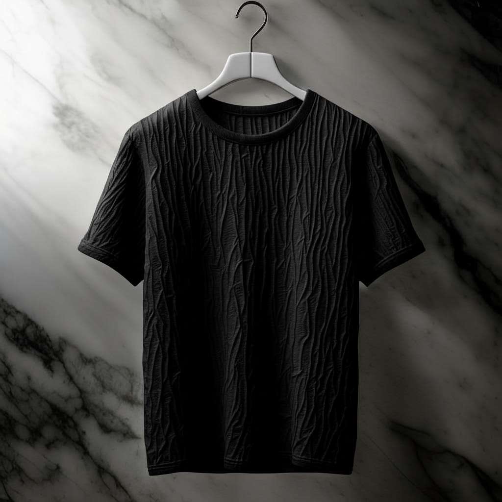 Crumpled Fabric Texture T-Shirt - Black