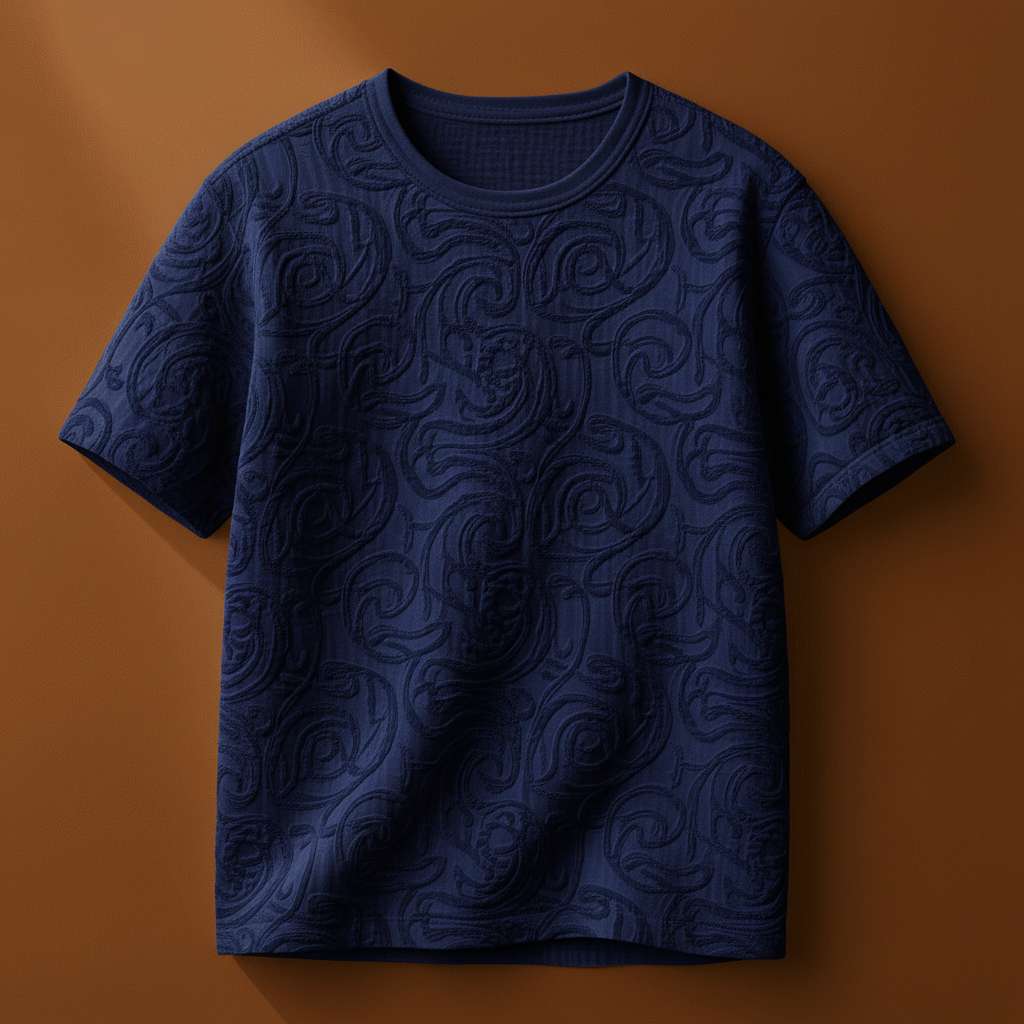 Embossed White T-Shirt with Abstract Patterns - Navy
