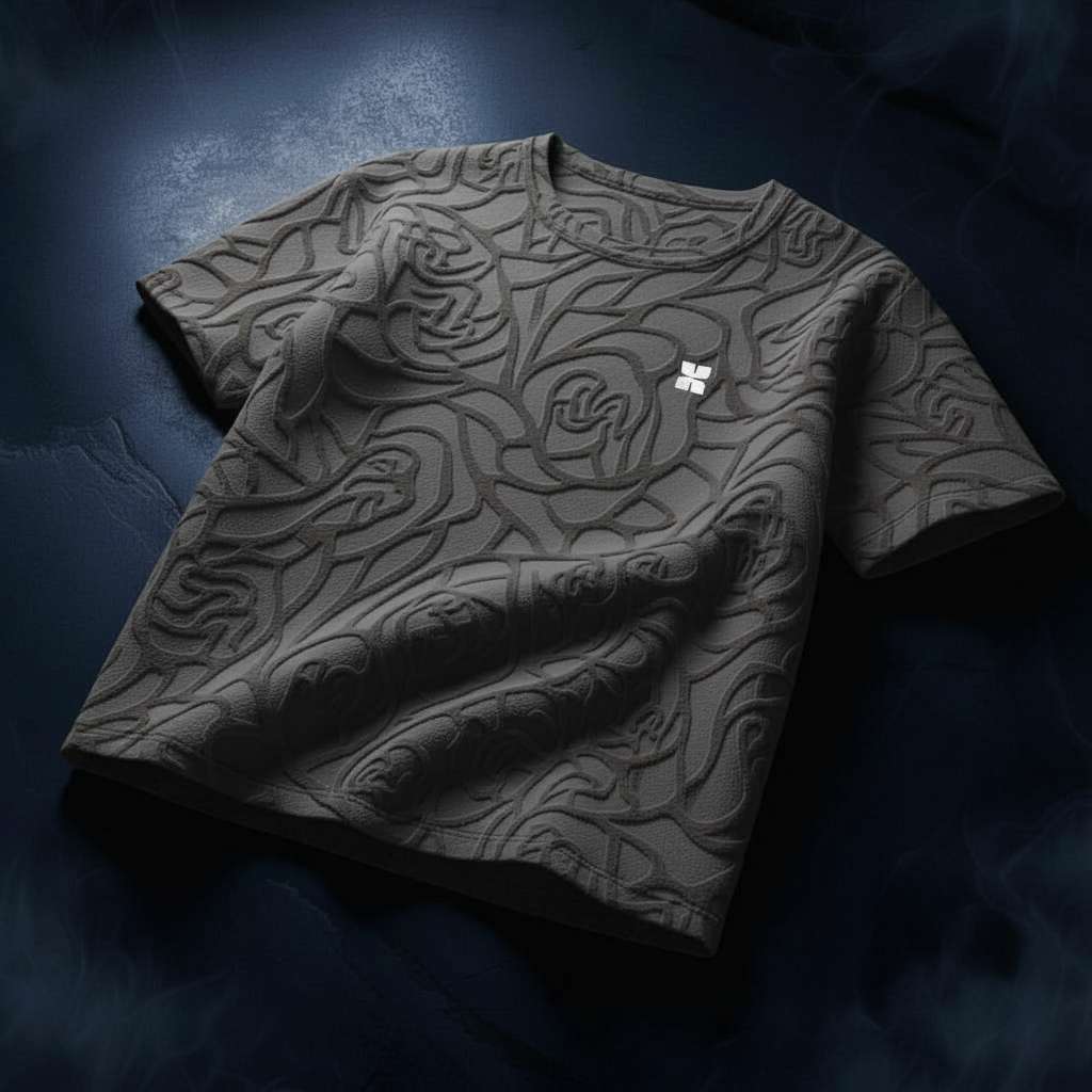 Embossed Rose T-shirt with Minimalistic Branding - Grey