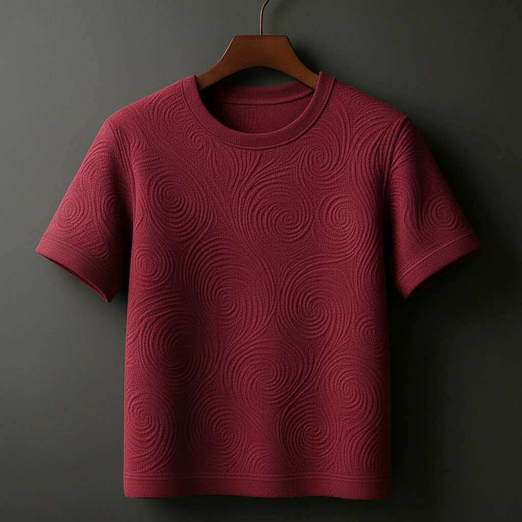 Embossed Swirl White T-Shirt - Maroon