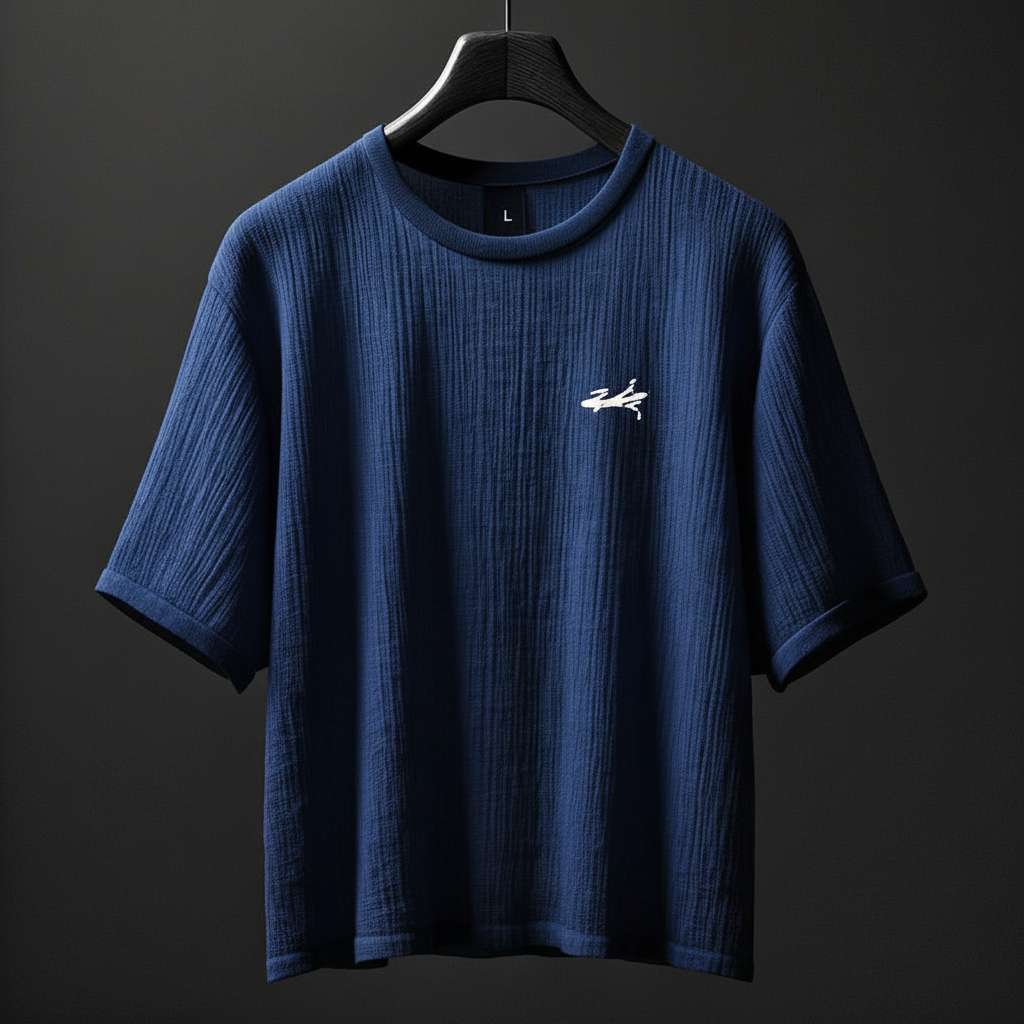 Minimalist Ribbed White T-Shirt - Navy