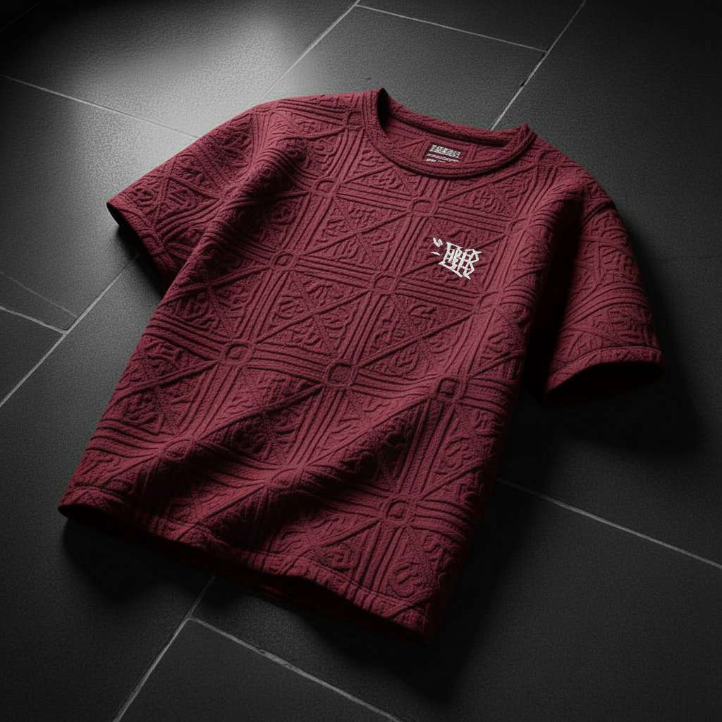 Luxurious Embossed T-Shirt with Geometric and Floral Motifs - Maroon