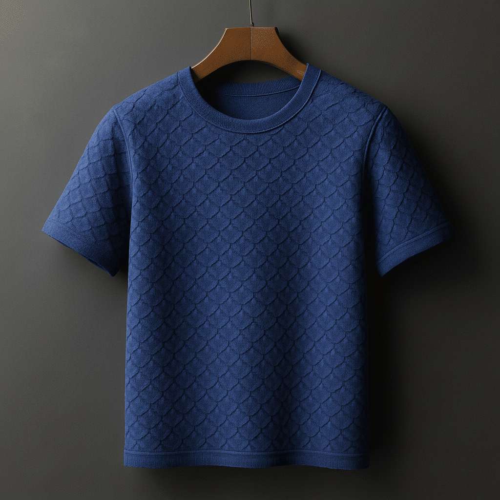 Elegant Embossed White T-Shirt - Navy