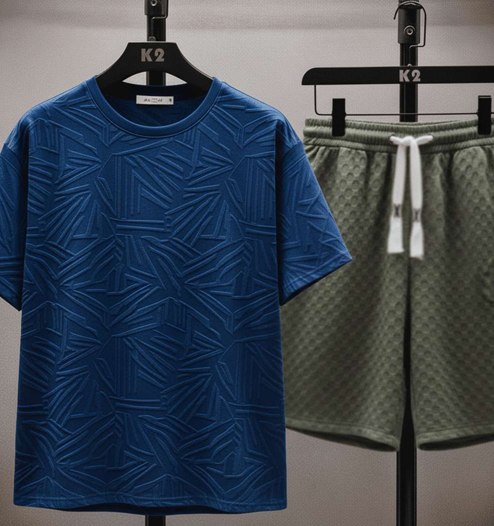 Embossed Geometric White T-Shirt - Navy