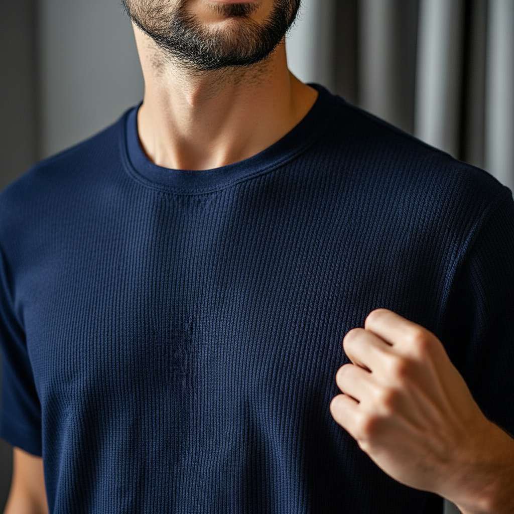 Classic White Ribbed T-Shirt - Navy