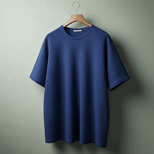Minimalist Waffle-Knit White T-Shirt - Navy