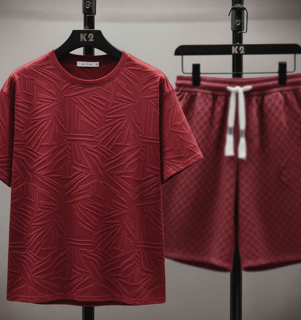 Embossed Geometric White T-Shirt - Maroon