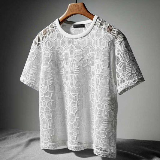 Elegant Geometric Lace T-Shirt - White