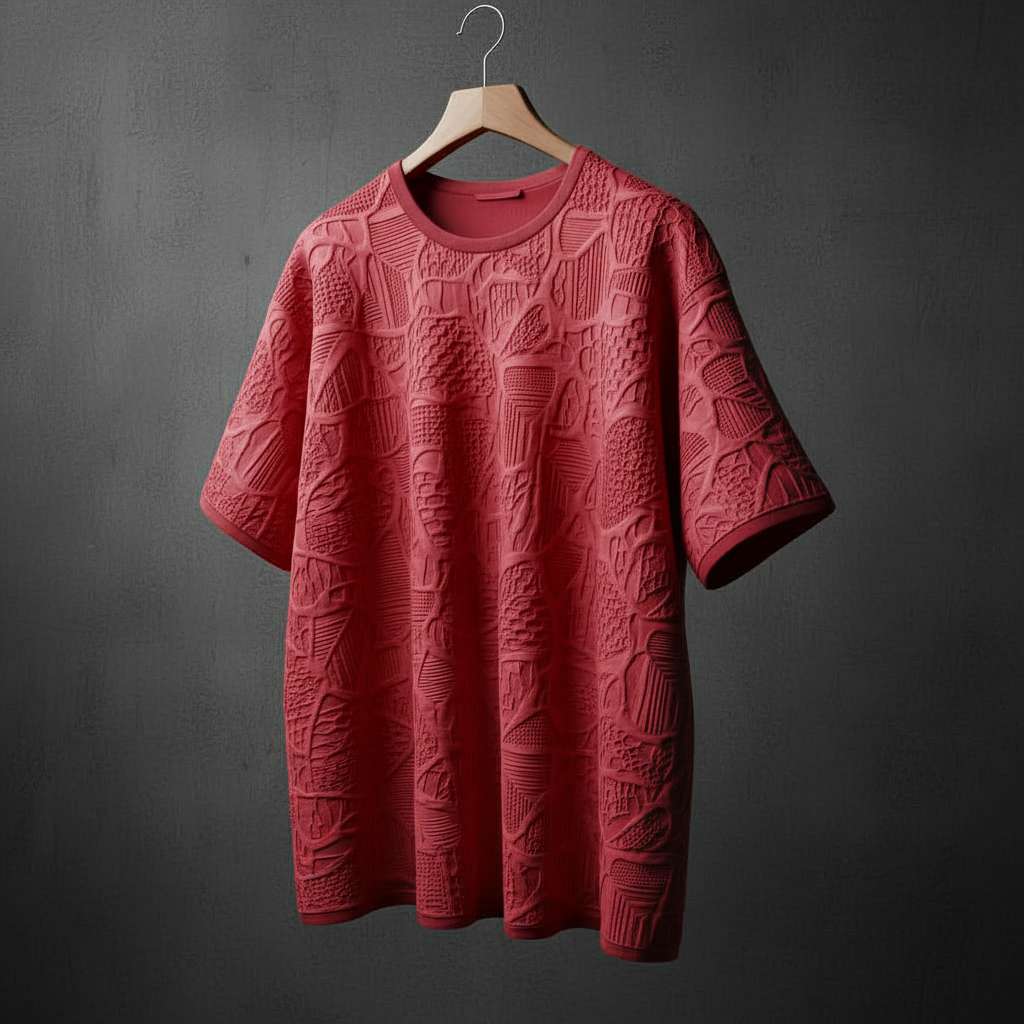 Embossed Textured White T-Shirt - Maroon