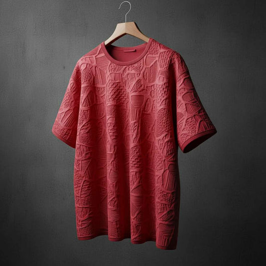 Embossed Textured White T-Shirt - Maroon
