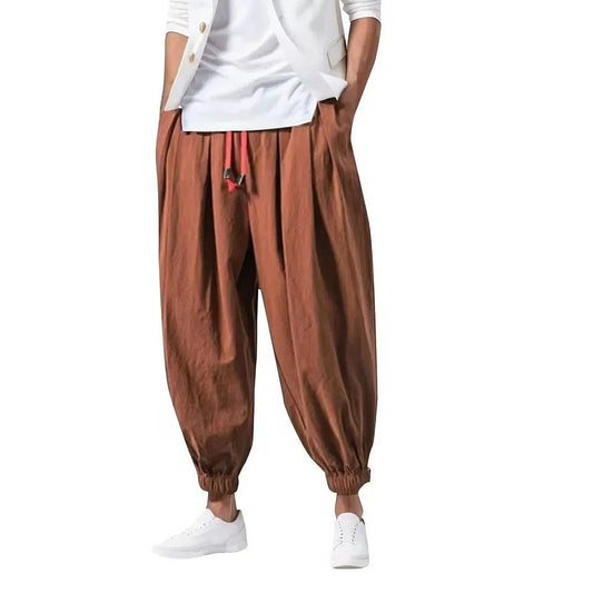 Men's Brown Harem Pants with Elastic Cuffs and Drawstring Waist for...