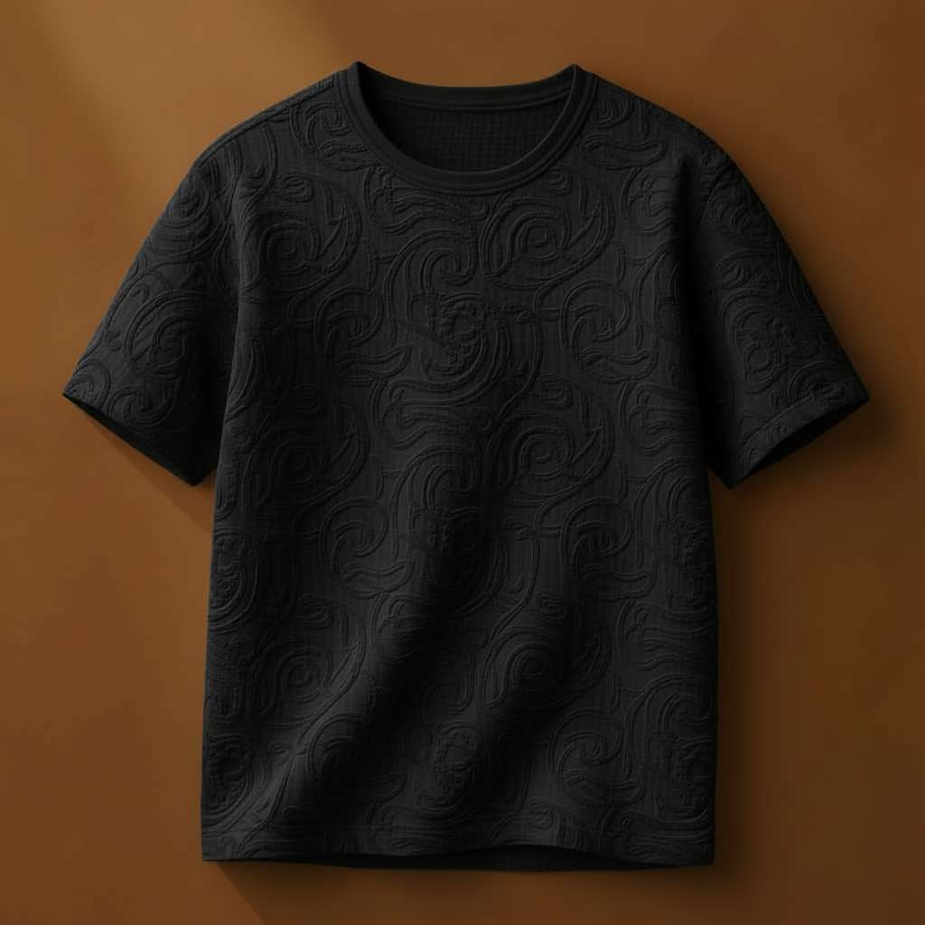 Embossed White T-Shirt with Abstract Patterns - Black