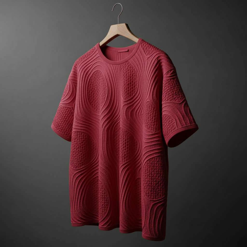 Textured Monochrome T-Shirt with Geometric Design - Maroon
